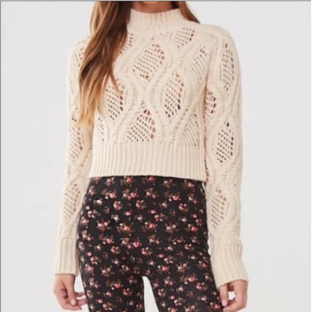 NWT Forever 21 Mock Neck Open Cable Knit Chunky Sweater Beige - Size Medium